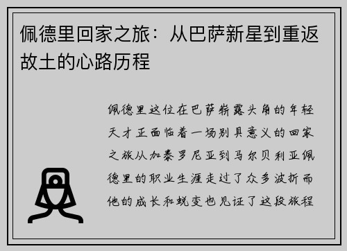 佩德里回家之旅：从巴萨新星到重返故土的心路历程