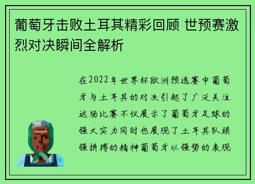 葡萄牙击败土耳其精彩回顾 世预赛激烈对决瞬间全解析
