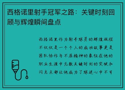 西格诺里射手冠军之路：关键时刻回顾与辉煌瞬间盘点