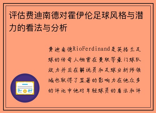 评估费迪南德对霍伊伦足球风格与潜力的看法与分析