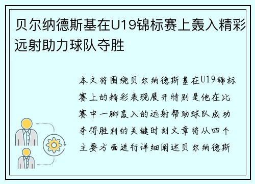 贝尔纳德斯基在U19锦标赛上轰入精彩远射助力球队夺胜