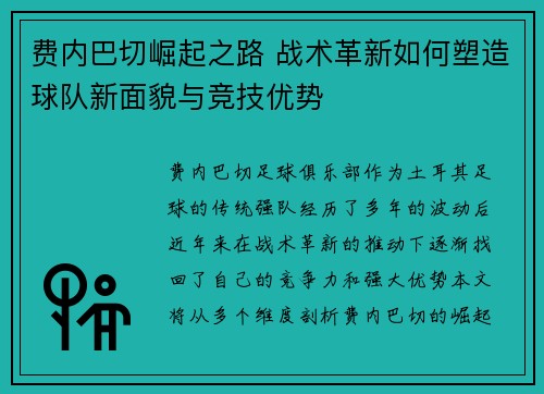 费内巴切崛起之路 战术革新如何塑造球队新面貌与竞技优势