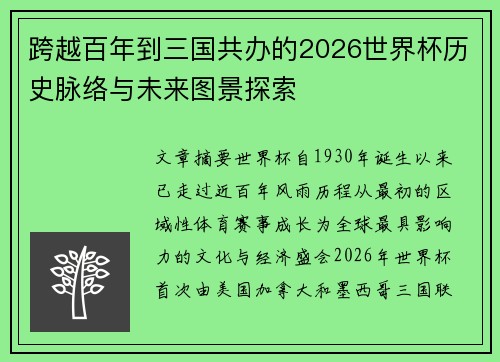 跨越百年到三国共办的2026世界杯历史脉络与未来图景探索