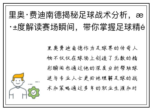 里奥·费迪南德揭秘足球战术分析，深度解读赛场瞬间，带你掌握足球精髓
