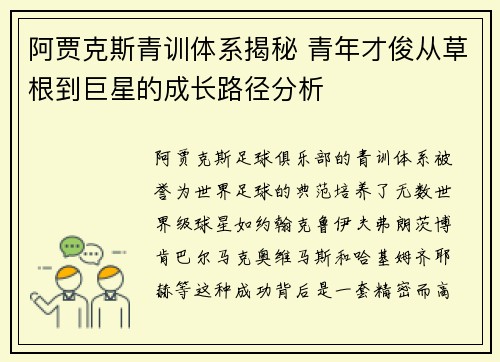 阿贾克斯青训体系揭秘 青年才俊从草根到巨星的成长路径分析