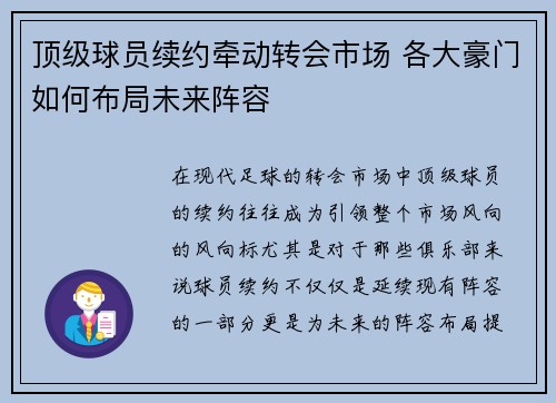 顶级球员续约牵动转会市场 各大豪门如何布局未来阵容 顶级球员续约牵动转会市场 各大豪门如何布局未来阵容