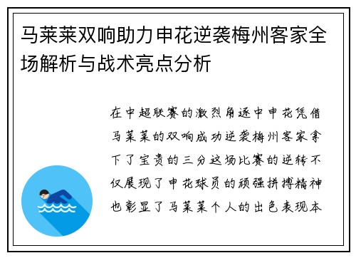 马莱莱双响助力申花逆袭梅州客家全场解析与战术亮点分析