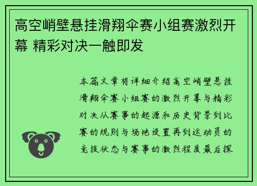 高空峭壁悬挂滑翔伞赛小组赛激烈开幕 精彩对决一触即发