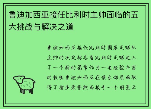 鲁迪加西亚接任比利时主帅面临的五大挑战与解决之道